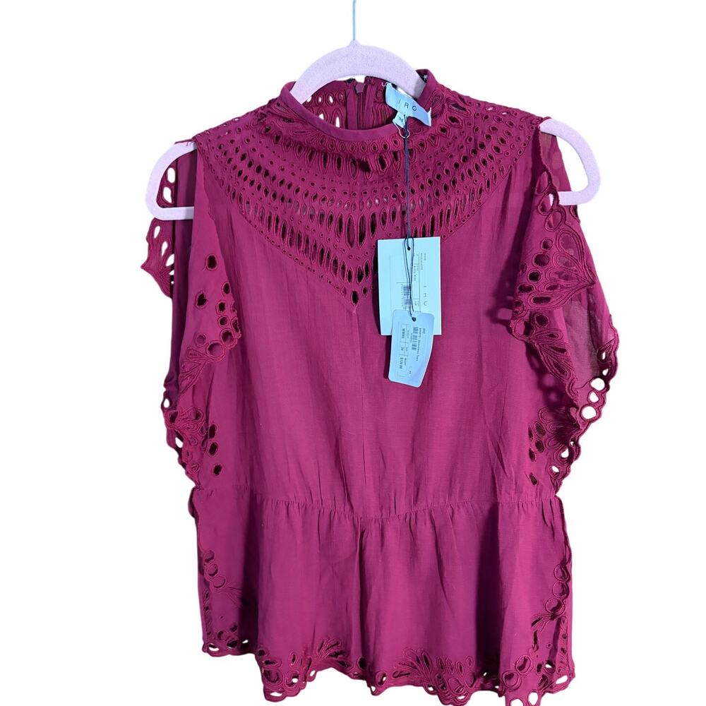 NWT IRO Jala Eyelet Lace Peplum Top‎ Claret Wine High Neck Flutter Sleeve XS